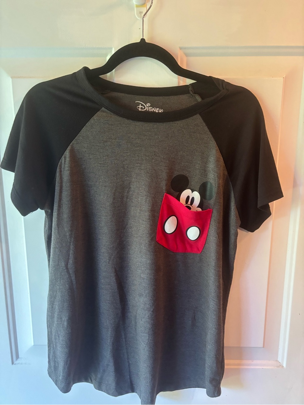 Disney Grey and Black Raglan Tee with Red Mickey Pocket